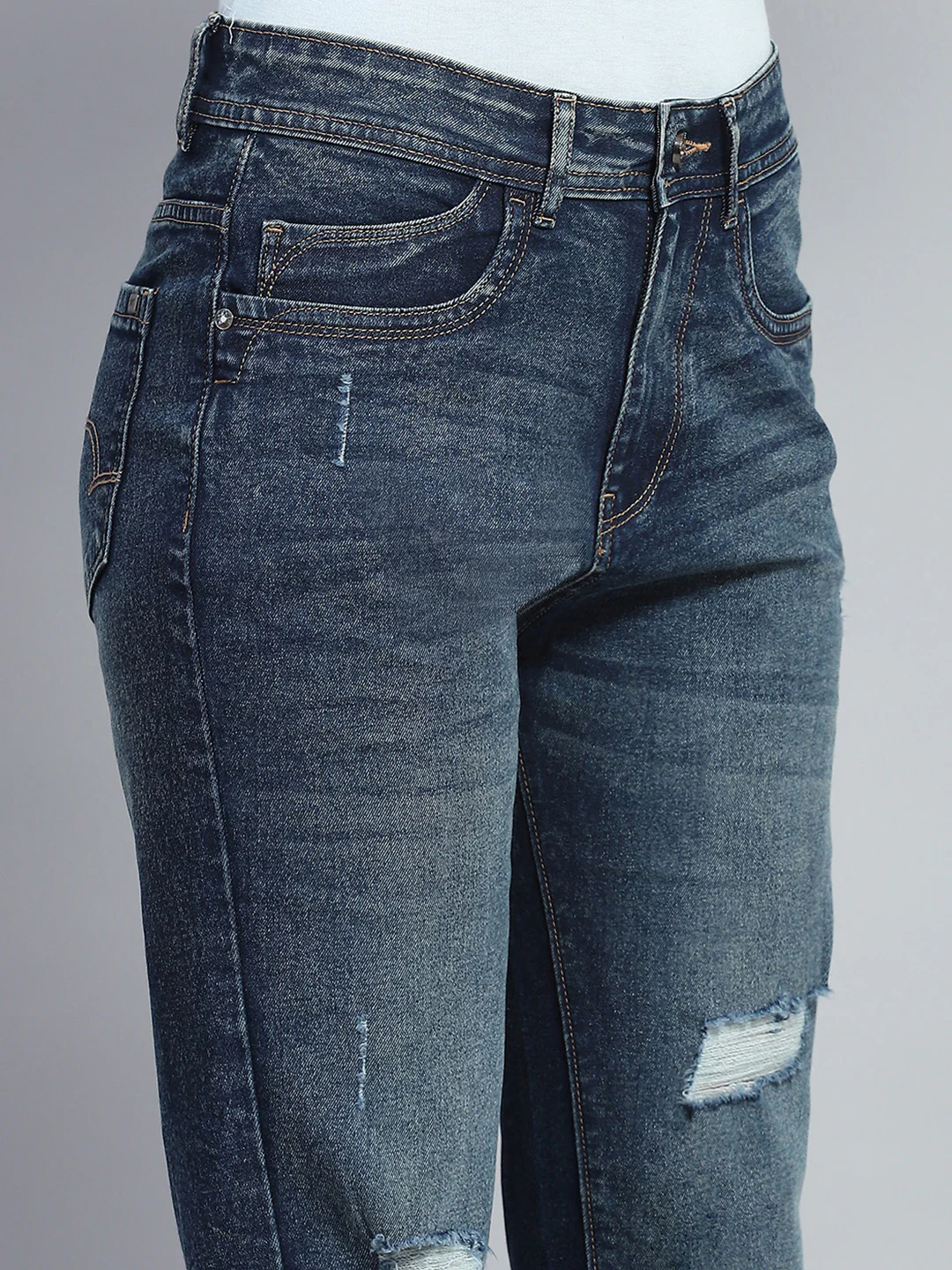 Women Blue Solid Mild Distressed Straight Fit Denim - Image 6