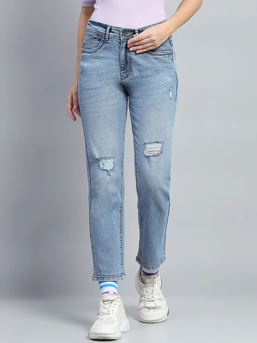 Women Blue Solid Mild Distressed Straight Fit Denim - Image 2