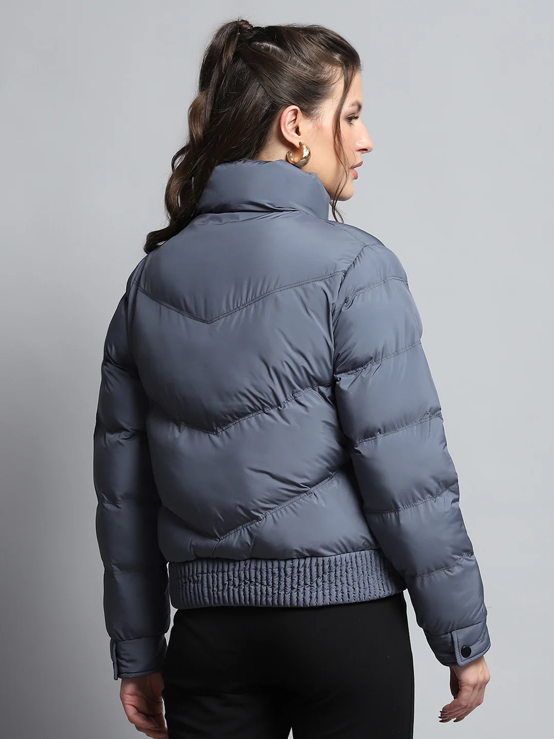 Women Blue Solid Mock Neck Full Sleeve Jacket - Image 5