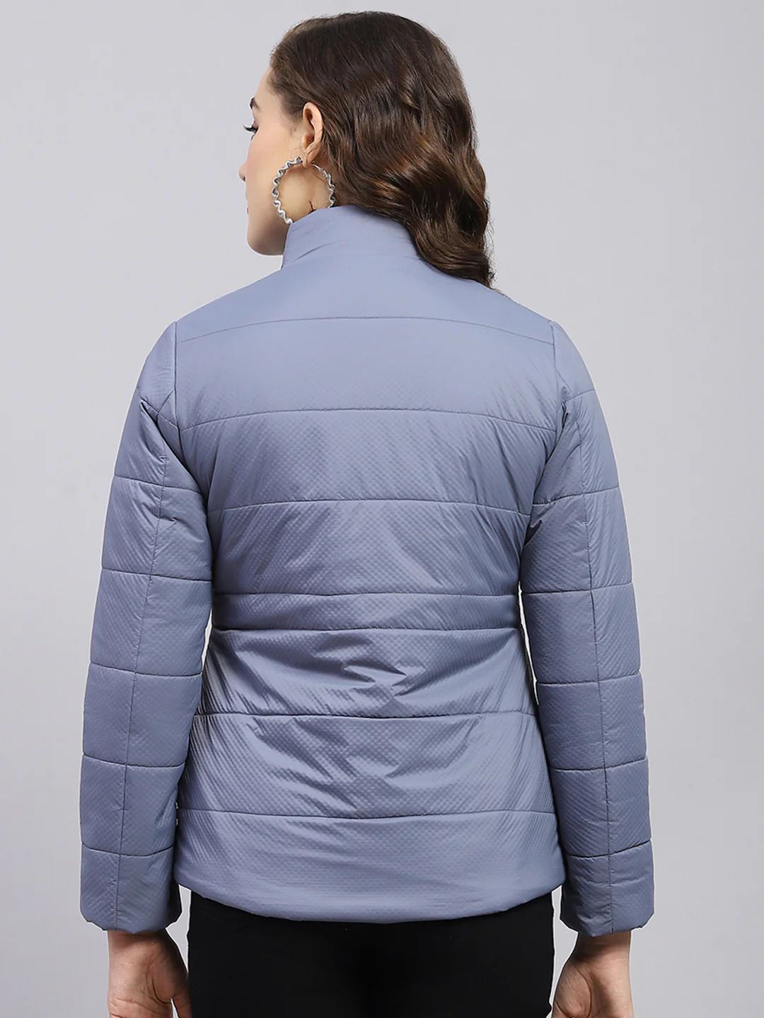 Women Blue Solid Mock Neck Full Sleeve Jacket - Image 5