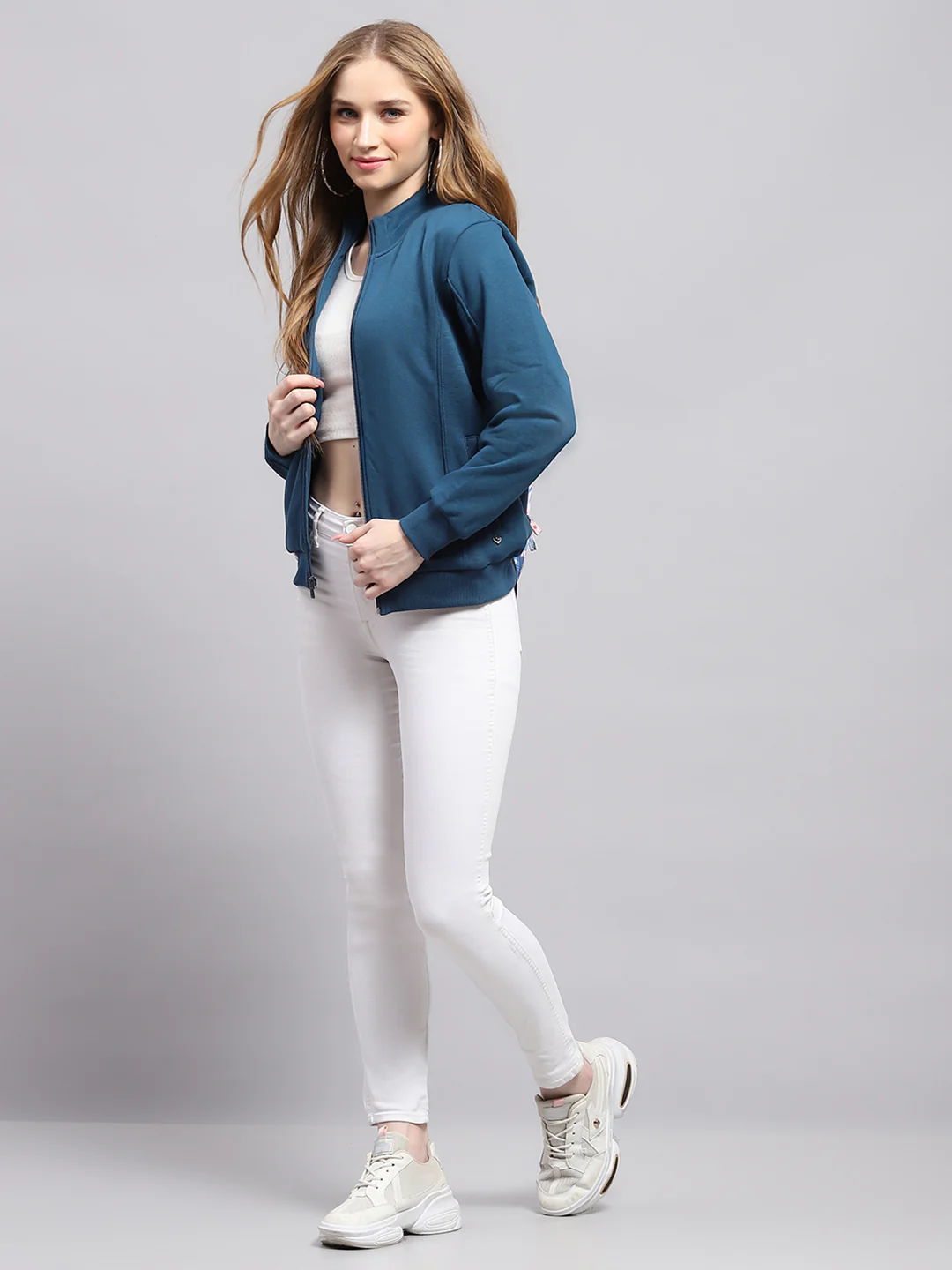 Women Blue Solid Mock Neck Full Sleeve Sweatshirt - Image 2