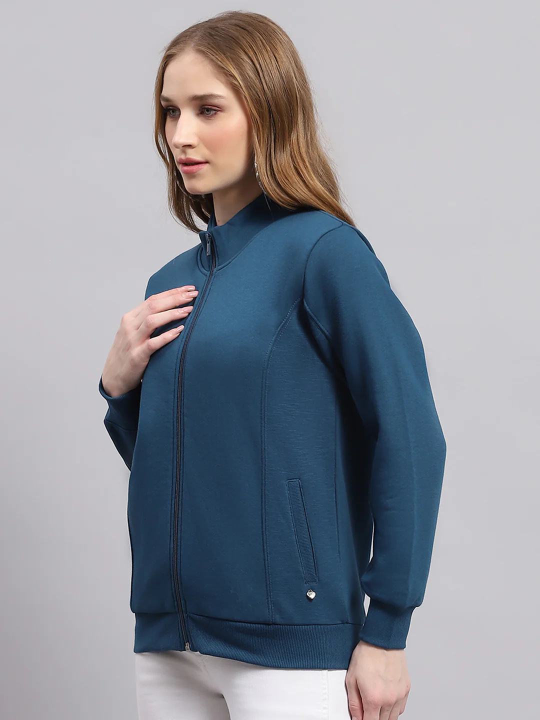 Women Blue Solid Mock Neck Full Sleeve Sweatshirt - Image 3