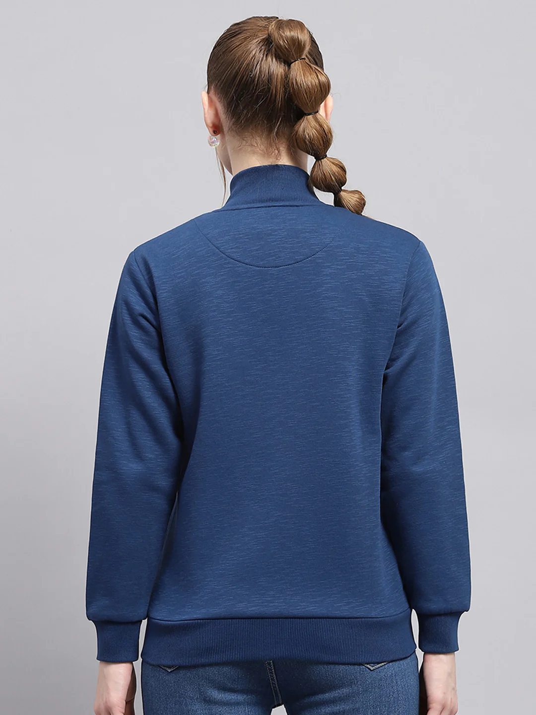 Women Blue Solid Mock Neck Full Sleeve Sweatshirt - Image 5