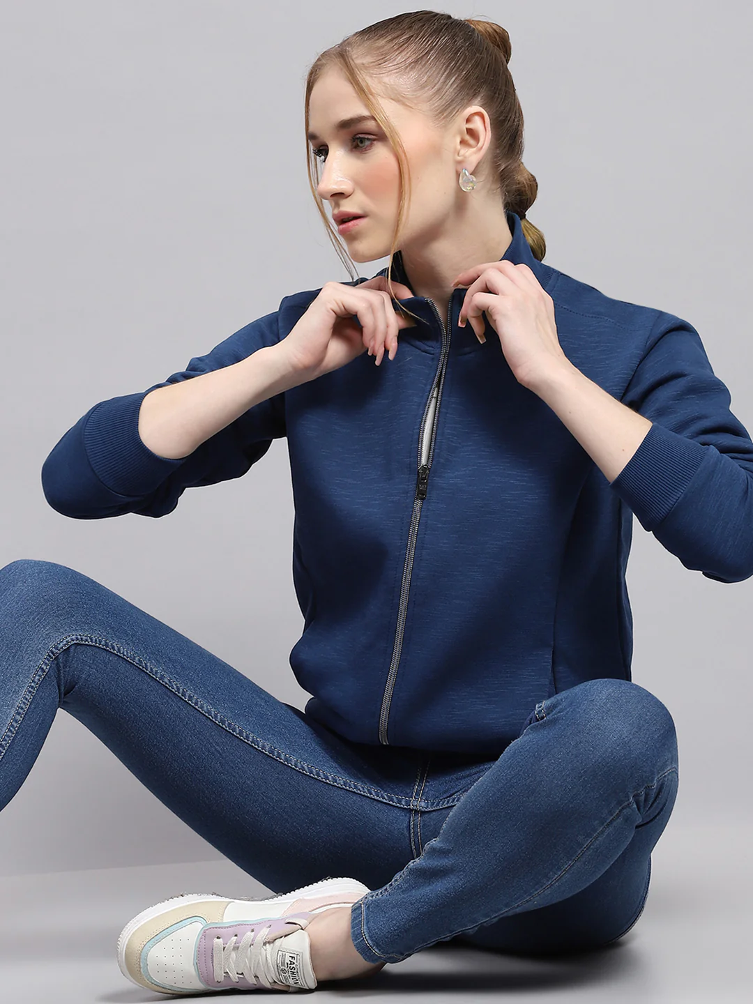 Women Blue Solid Mock Neck Full Sleeve Sweatshirt - Image 6