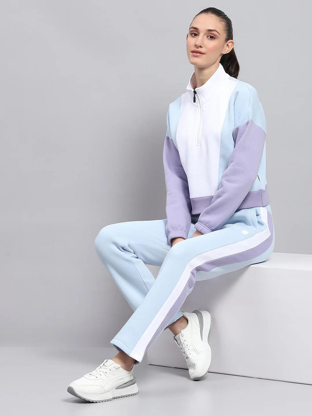 Rock.it Women Blue Solid Mock Neck Full Sleeve Tracksuit - Image 2
