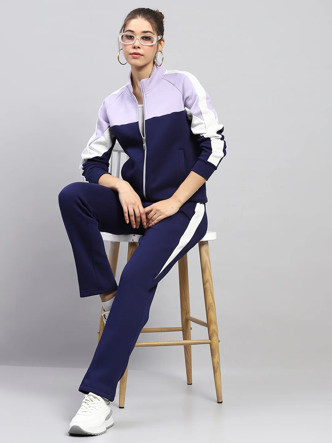 Women Blue Solid Mock Neck Full Sleeve Tracksuit - Image 2