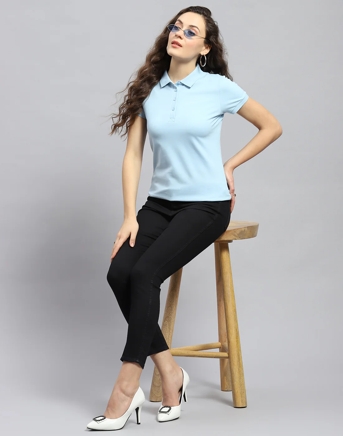 Women Blue Solid Polo Collar Half Sleeve T-Shirt - Image 2