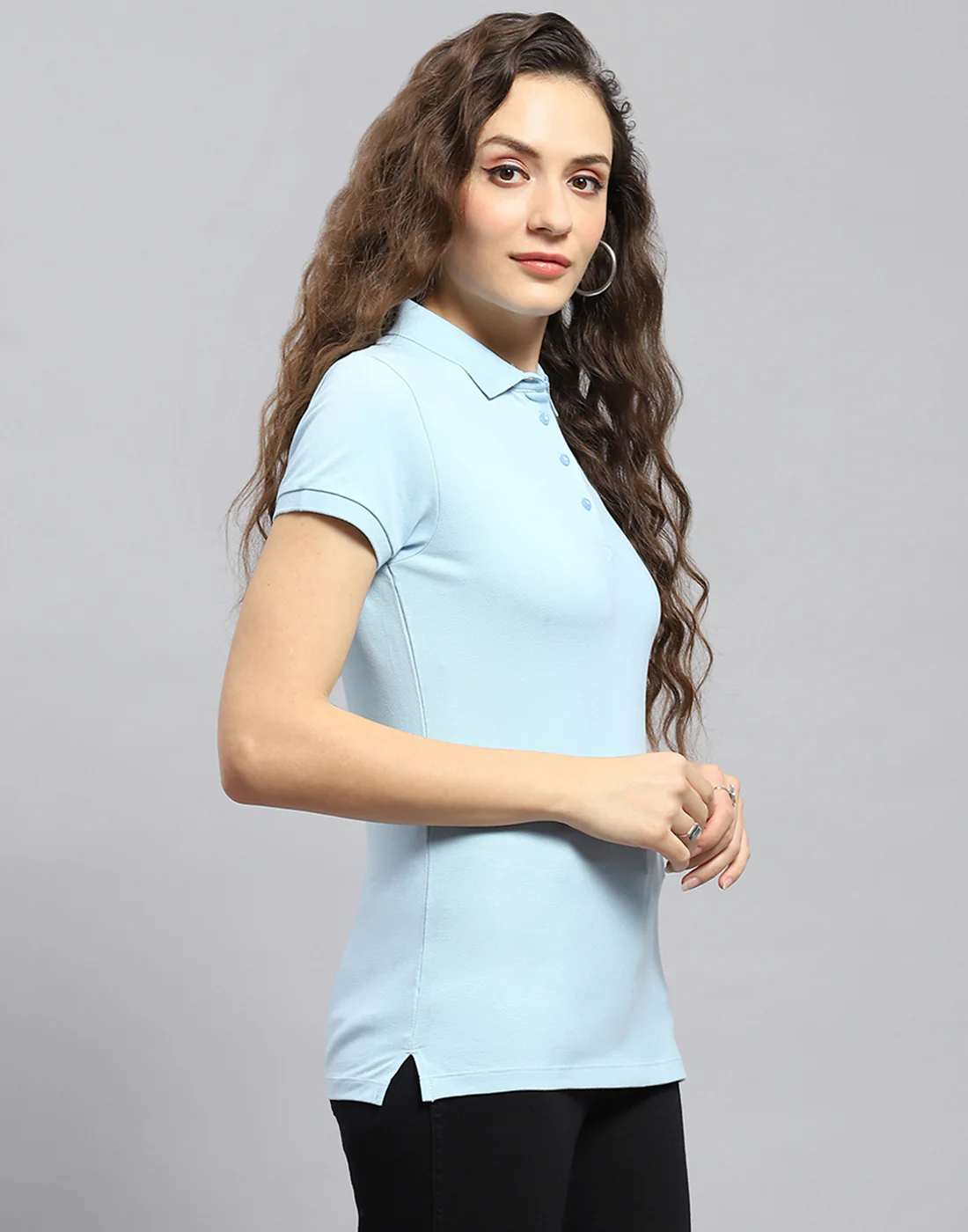 Women Blue Solid Polo Collar Half Sleeve T-Shirt - Image 4