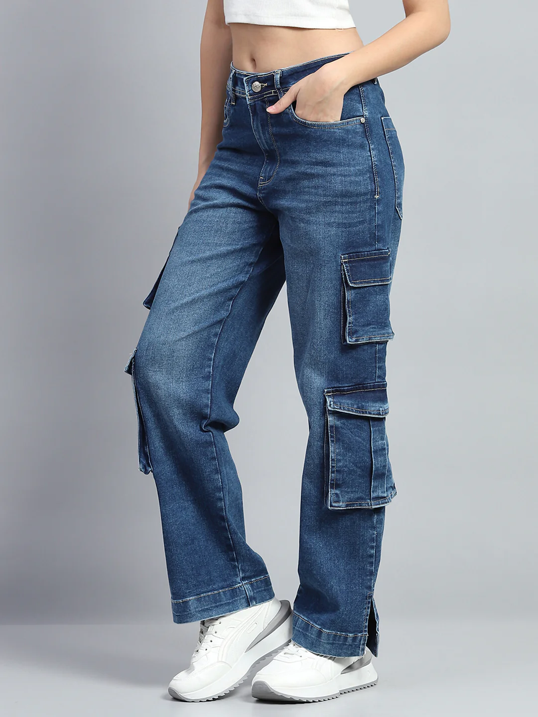 Women Blue Solid Regular Fit Cargo - Image 3
