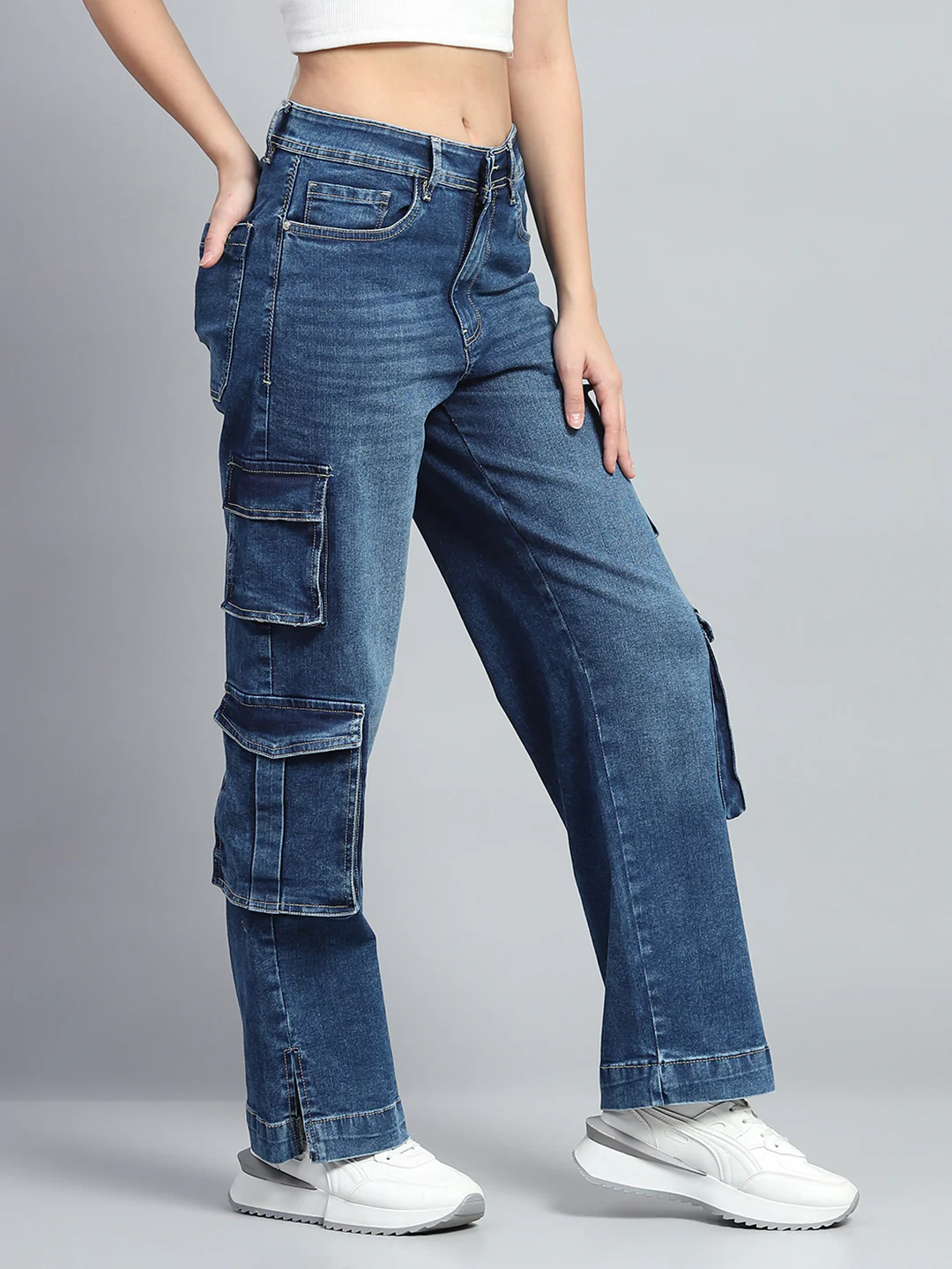 Women Blue Solid Regular Fit Cargo - Image 4