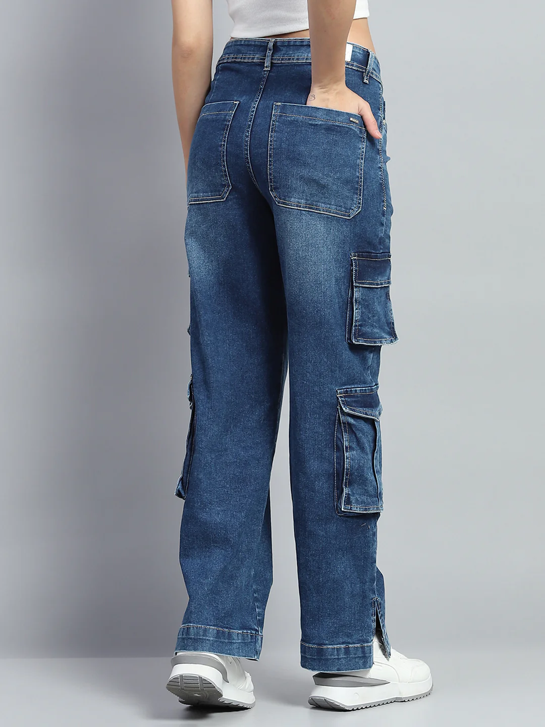 Women Blue Solid Regular Fit Cargo - Image 5