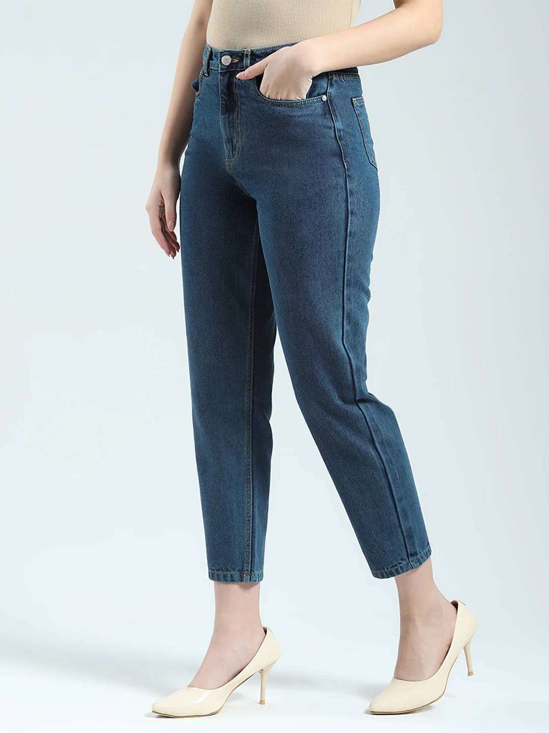 Women Blue Solid Regular Fit Denim - Image 3