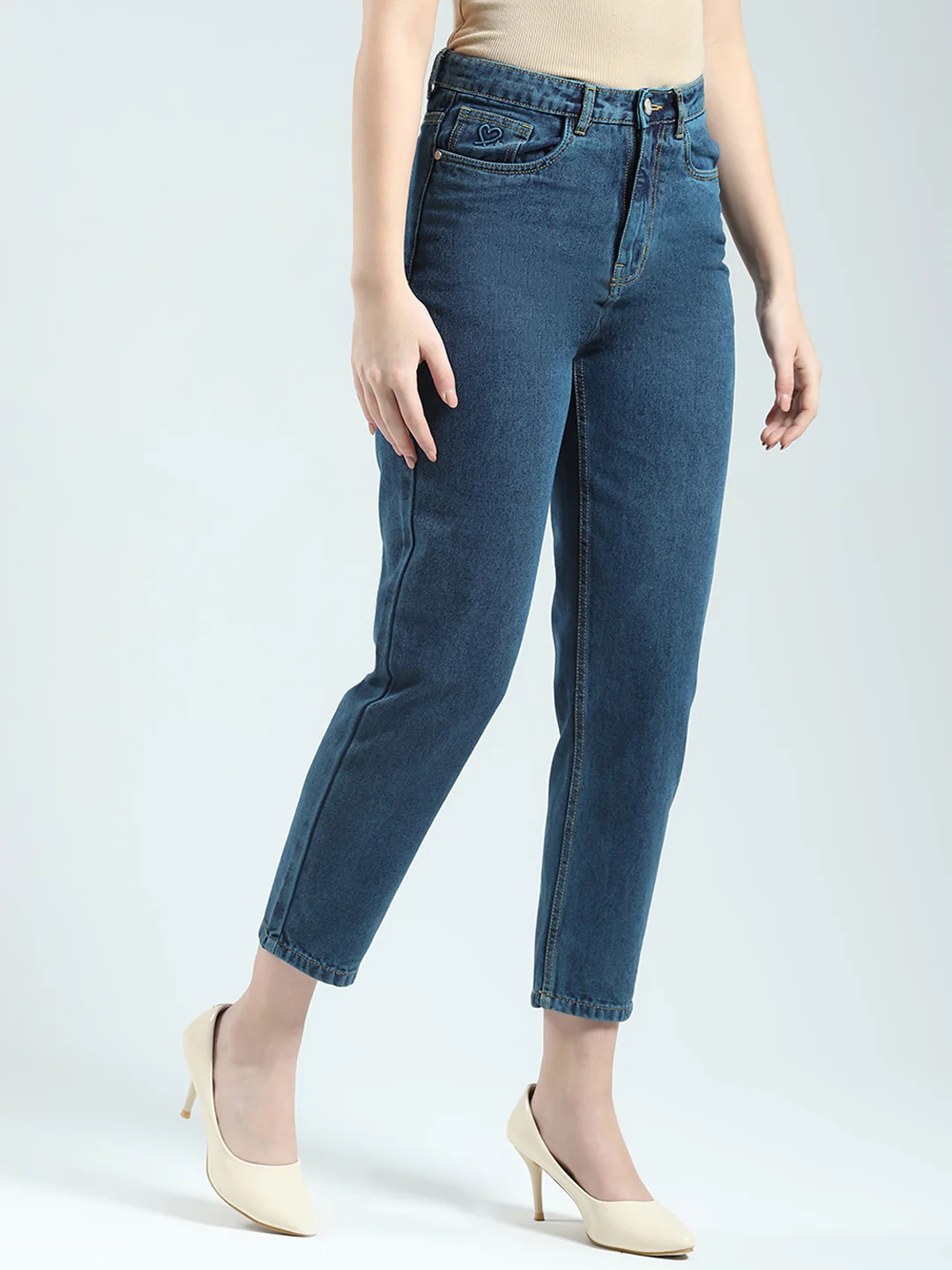 Women Blue Solid Regular Fit Denim - Image 4