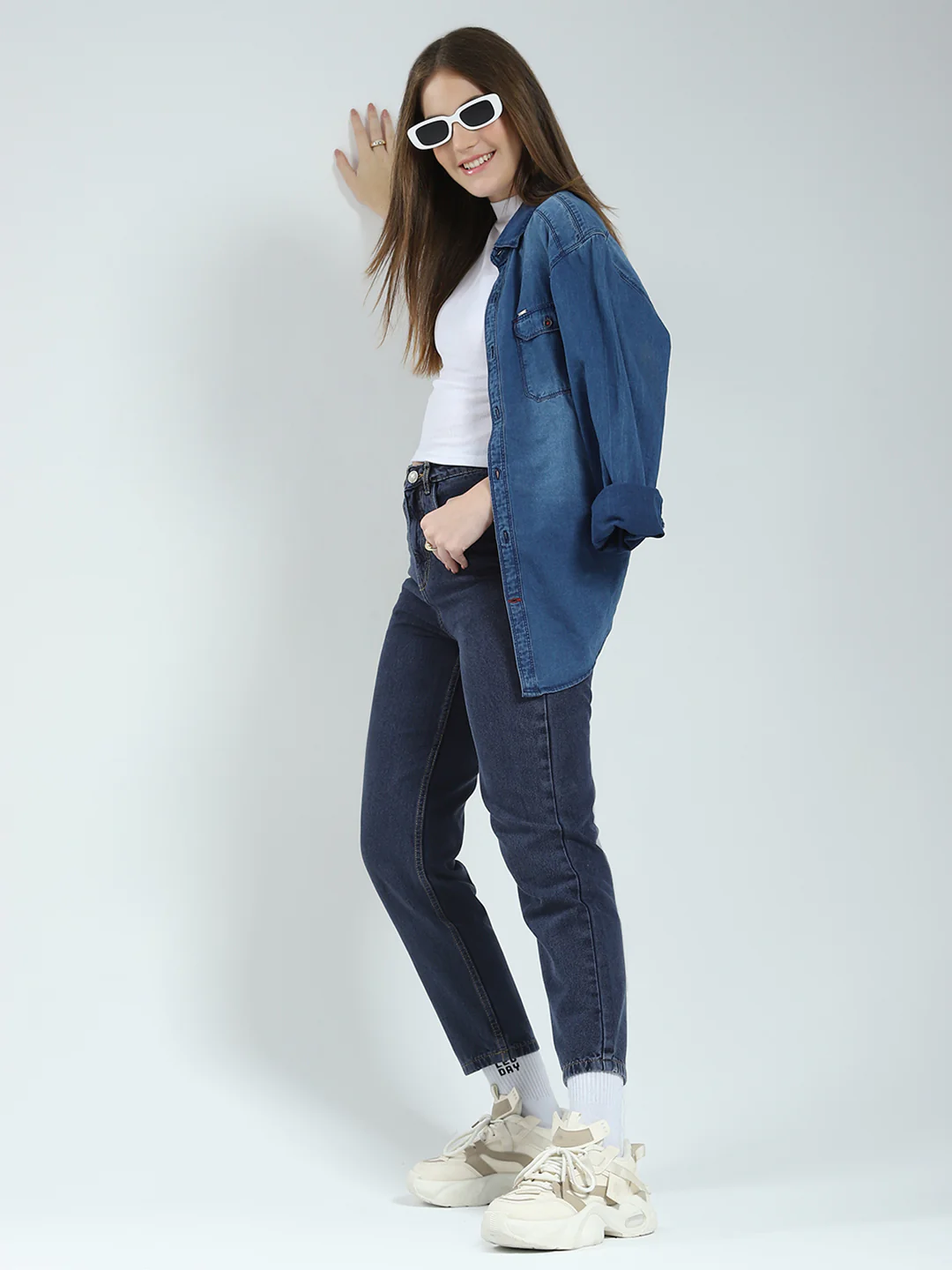Women Blue Solid Regular Fit Denim - Image 2