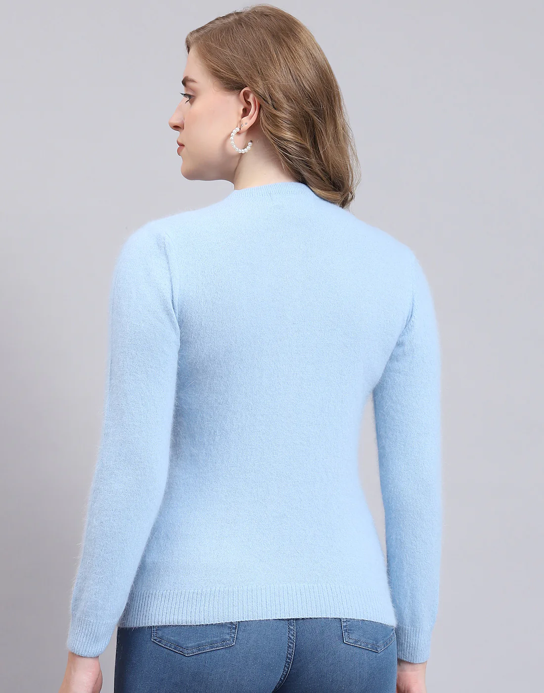 Women Blue Solid Round Neck Full Sleeve Cardigan - Image 6