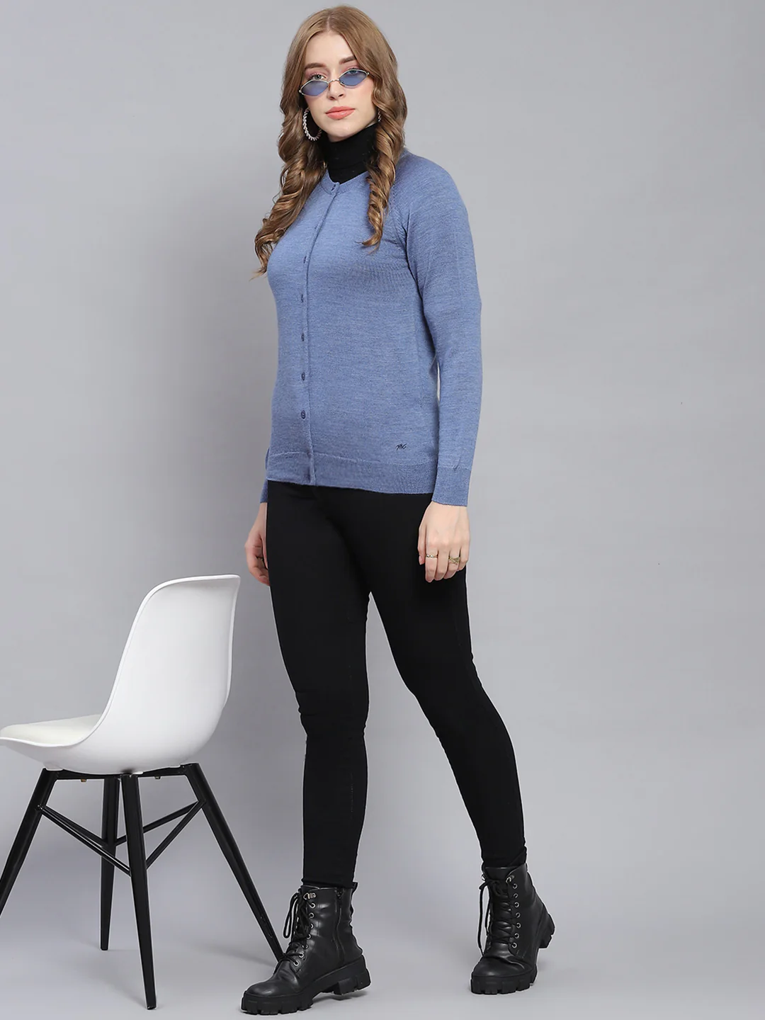 Women Blue Solid Round Neck Full Sleeve Cardigan - Image 2