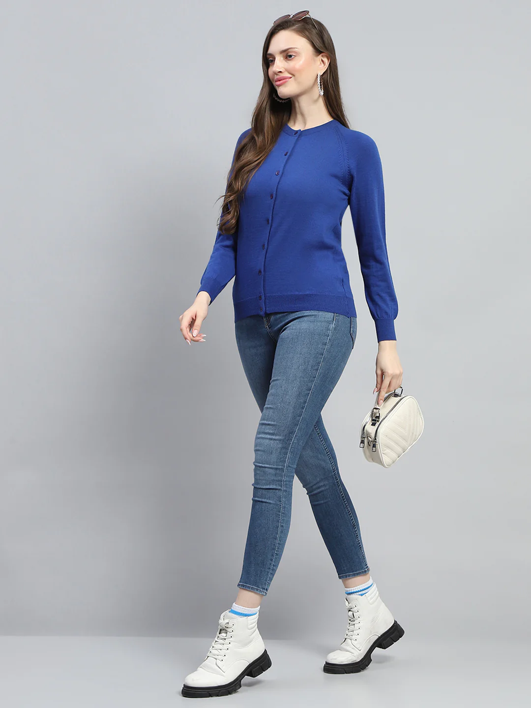 Women Blue Solid Round Neck Full Sleeve Cardigan - Image 2