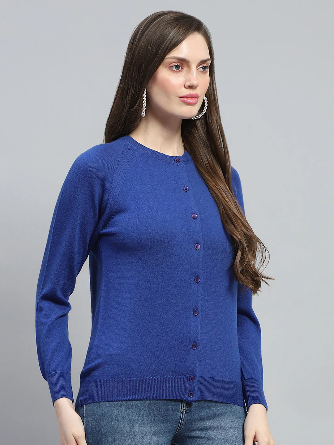 Women Blue Solid Round Neck Full Sleeve Cardigan - Image 4