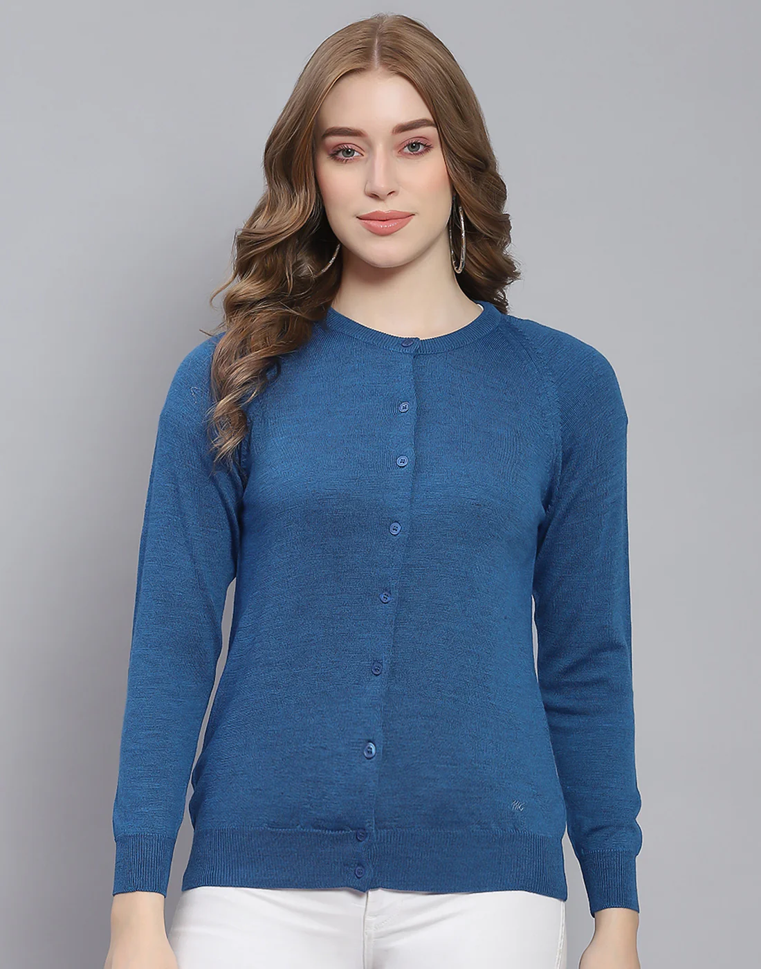 Women Blue Solid Round Neck Full Sleeve Cardigan - Image 2
