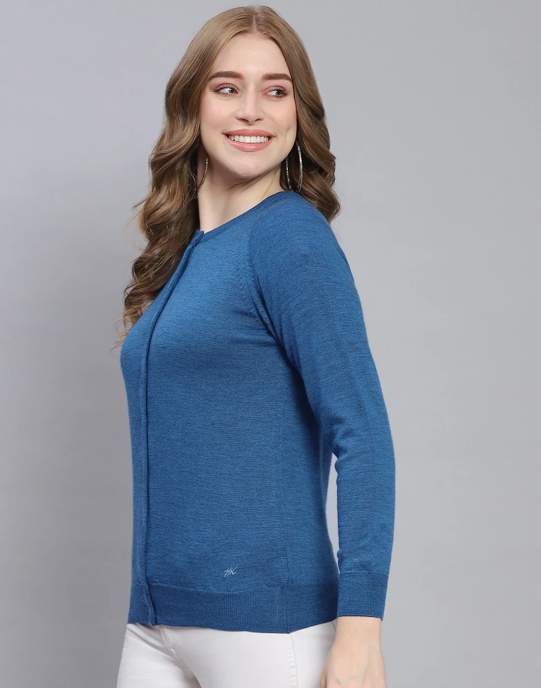 Women Blue Solid Round Neck Full Sleeve Cardigan - Image 3