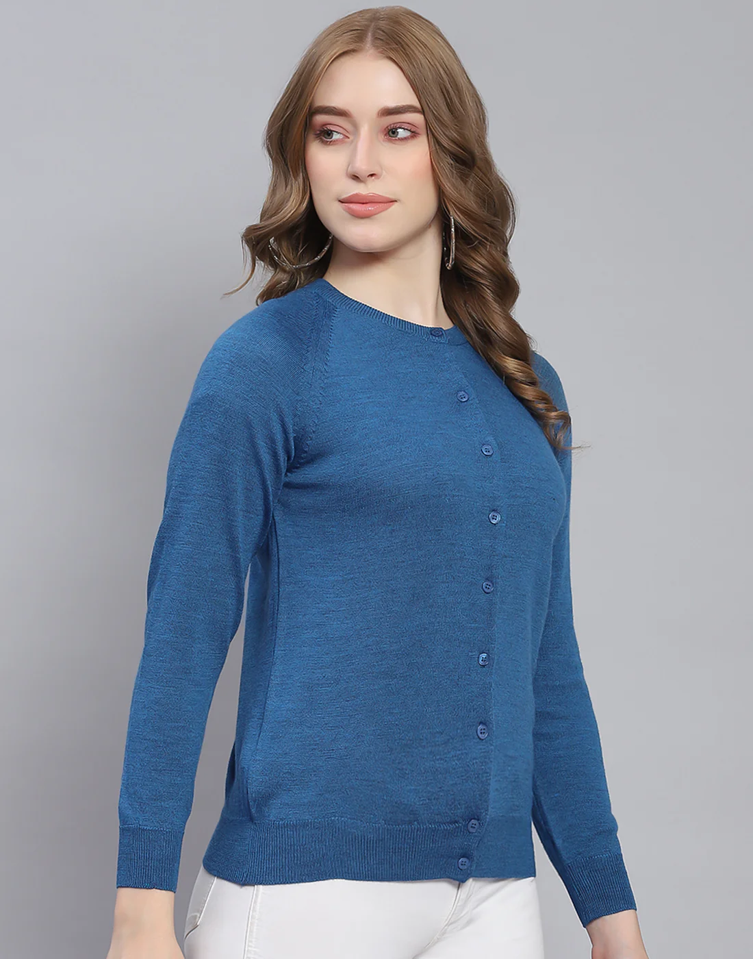 Women Blue Solid Round Neck Full Sleeve Cardigan - Image 4