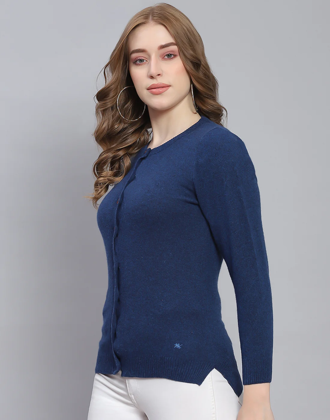 Women Blue Solid Round Neck Full Sleeve Cardigan - Image 3