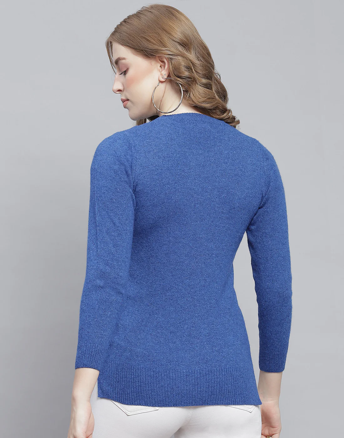 Women Blue Solid Round Neck Full Sleeve Cardigan - Image 5