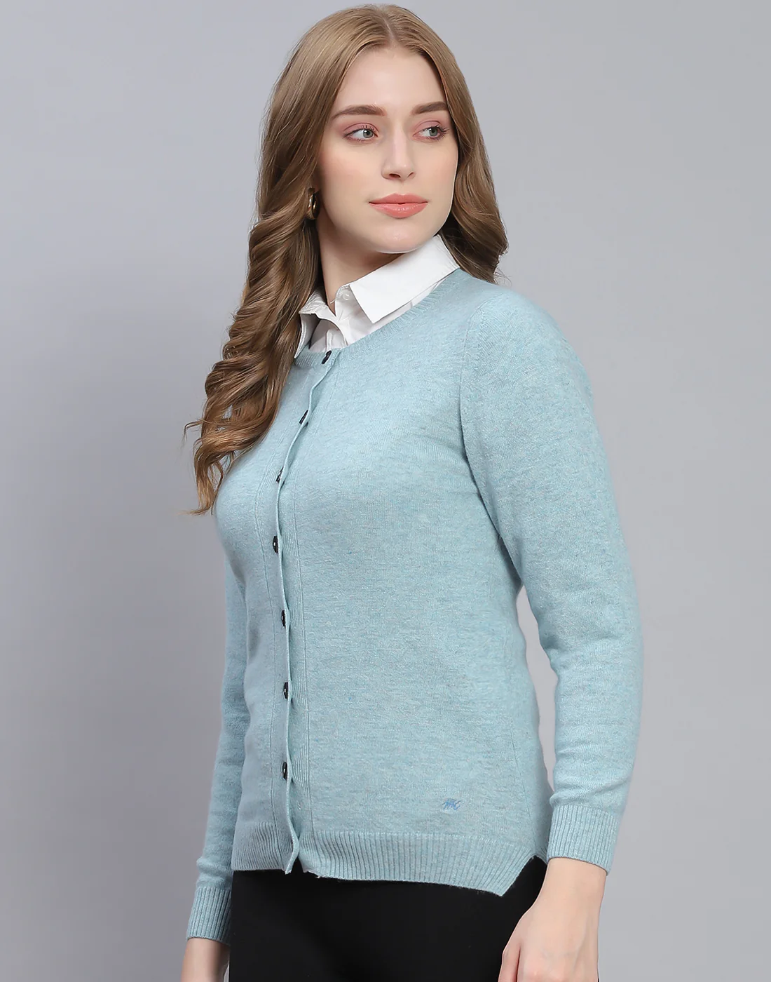 Women Blue Solid Round Neck Full Sleeve Cardigan - Image 3