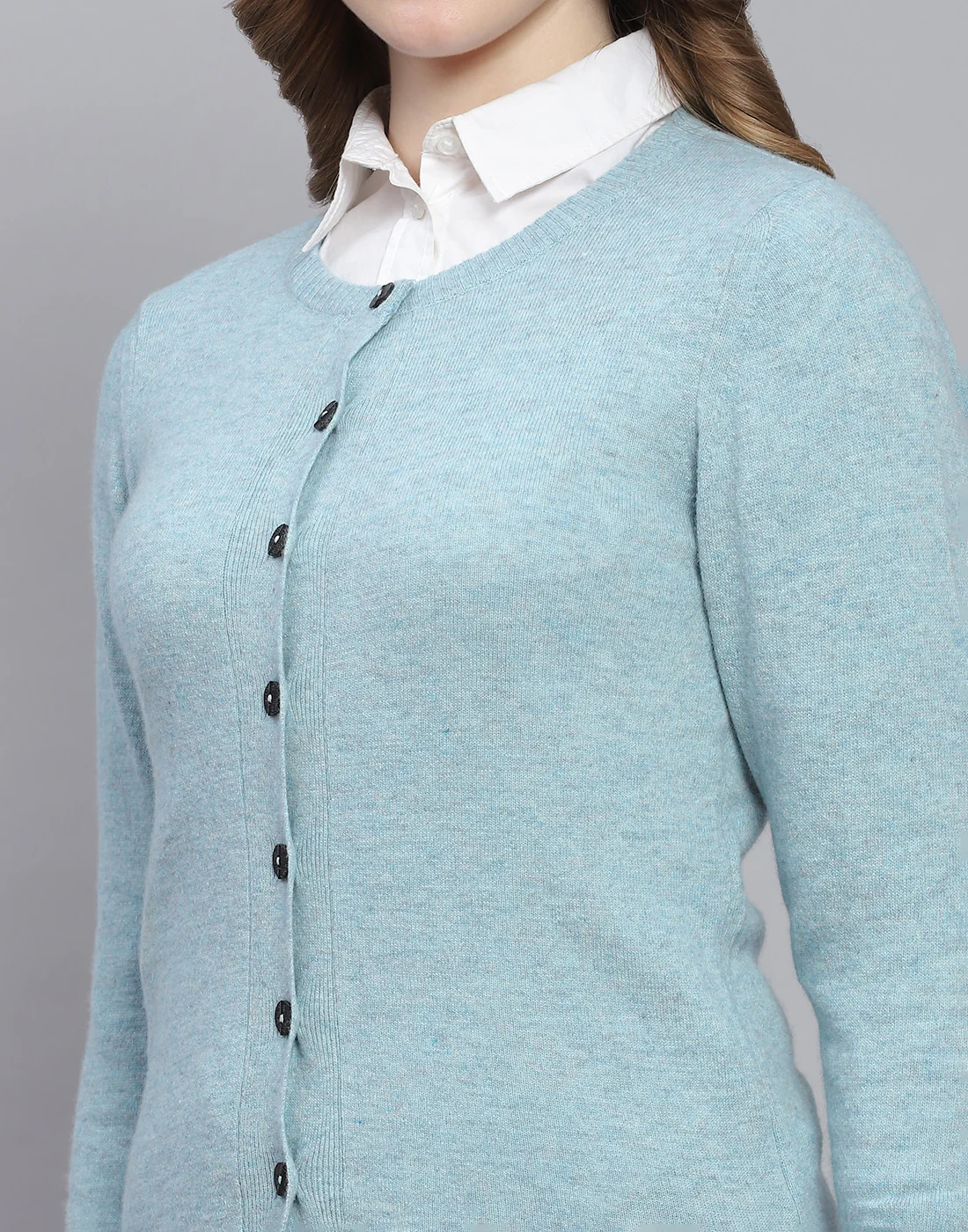 Women Blue Solid Round Neck Full Sleeve Cardigan - Image 6