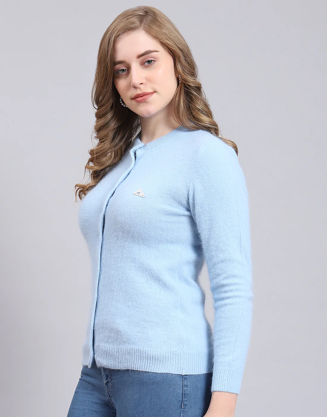 Women Blue Solid Round Neck Full Sleeve Cardigan - Image 3