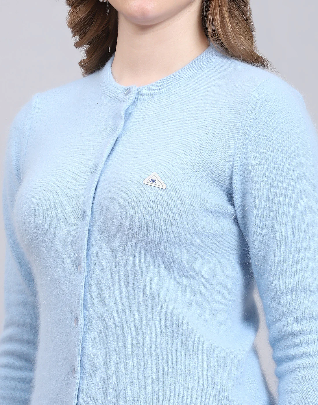 Women Blue Solid Round Neck Full Sleeve Cardigan - Image 6