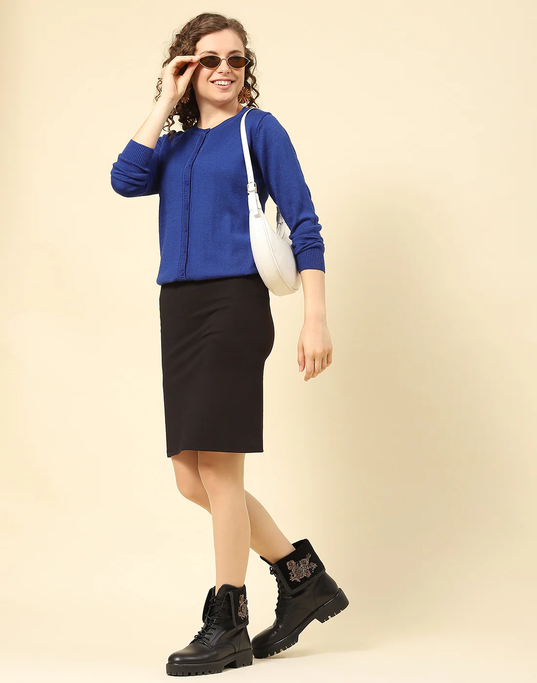 Women Blue Solid Round Neck Full Sleeve Cardigan - Image 2