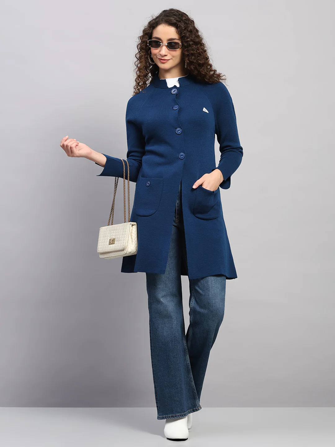 Women Blue Solid Round Neck Full Sleeve Cardigan - Image 2