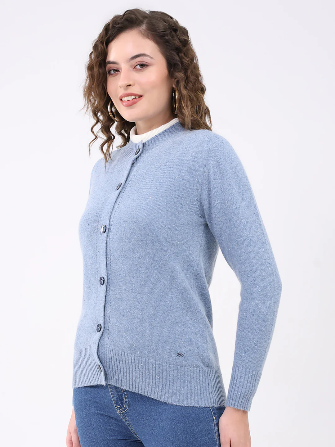 Women Blue Solid Round Neck Full Sleeve Cardigan - Image 3