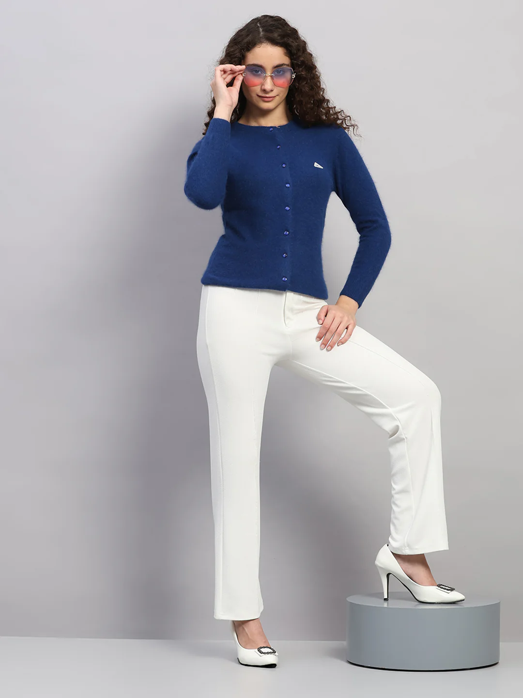 Women Blue Solid Round Neck Full Sleeve Cardigan - Image 2