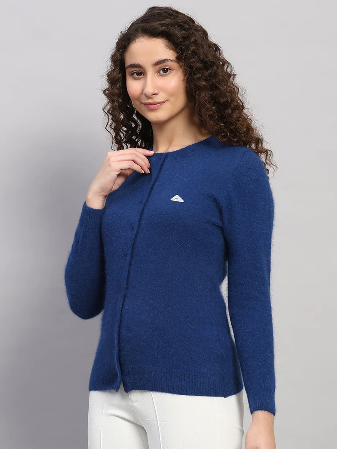 Women Blue Solid Round Neck Full Sleeve Cardigan - Image 3