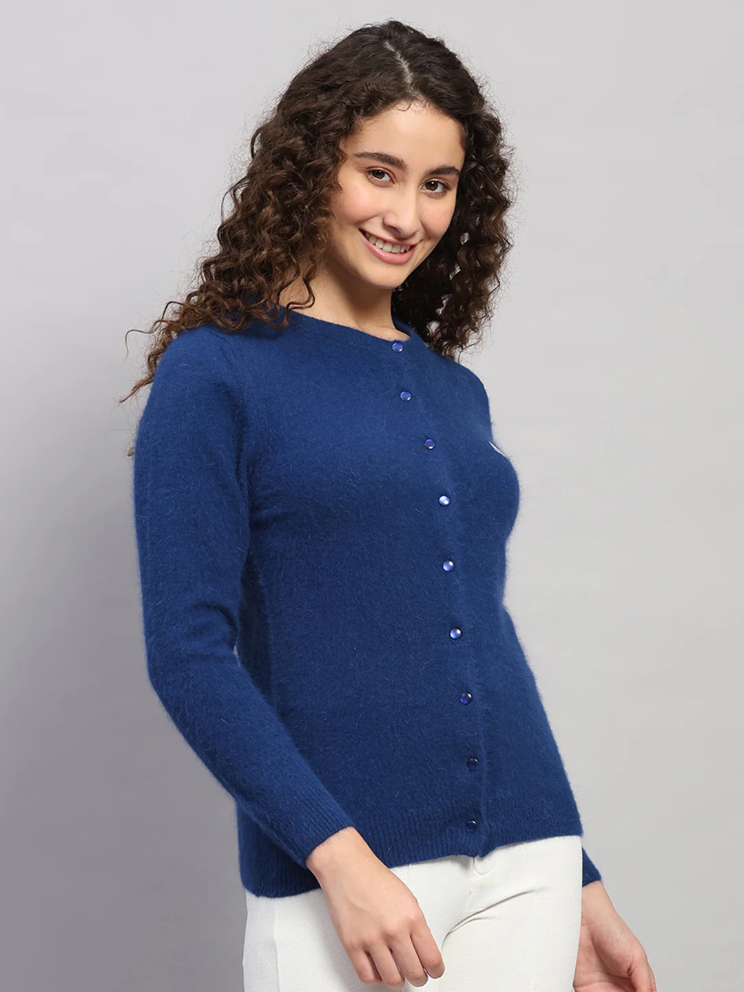 Women Blue Solid Round Neck Full Sleeve Cardigan - Image 4