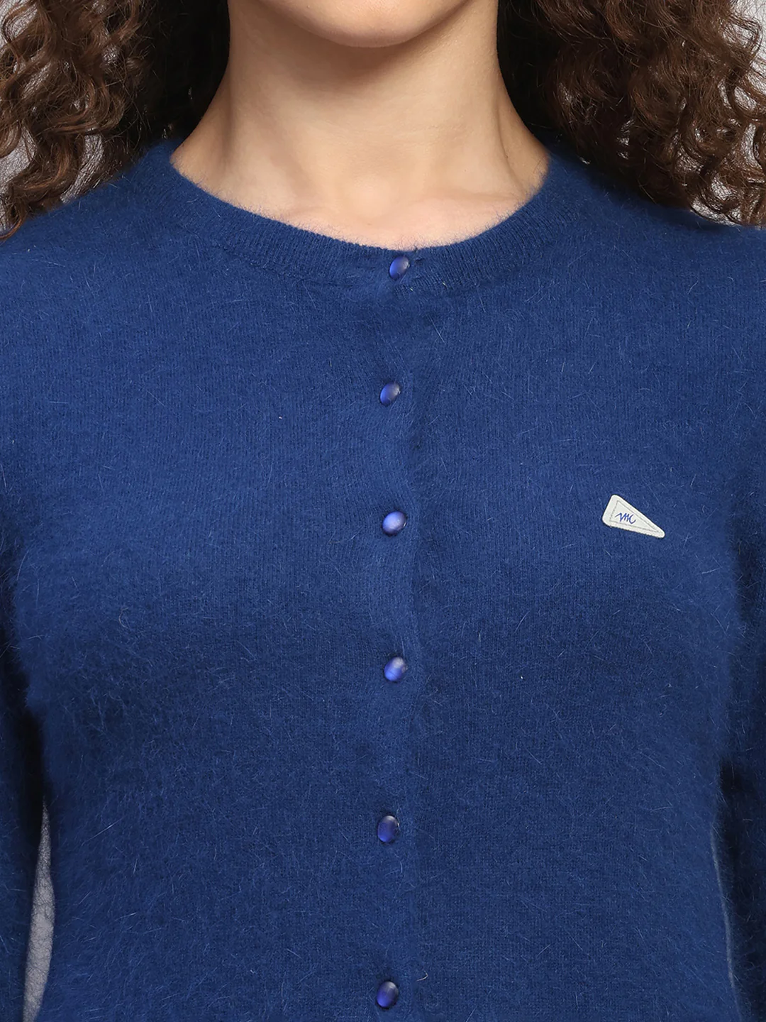 Women Blue Solid Round Neck Full Sleeve Cardigan - Image 6