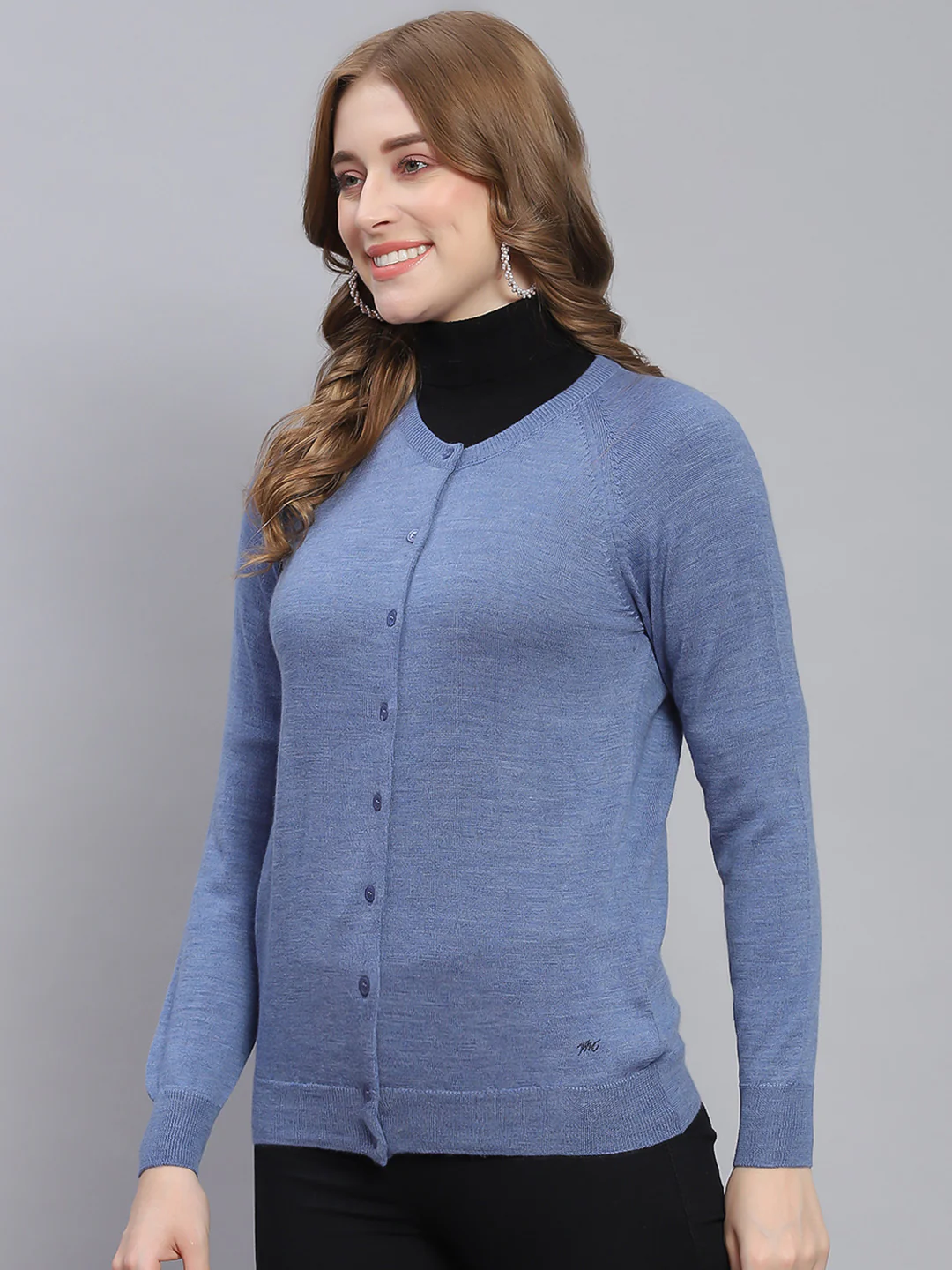 Women Blue Solid Round Neck Full Sleeve Cardigans - Image 3