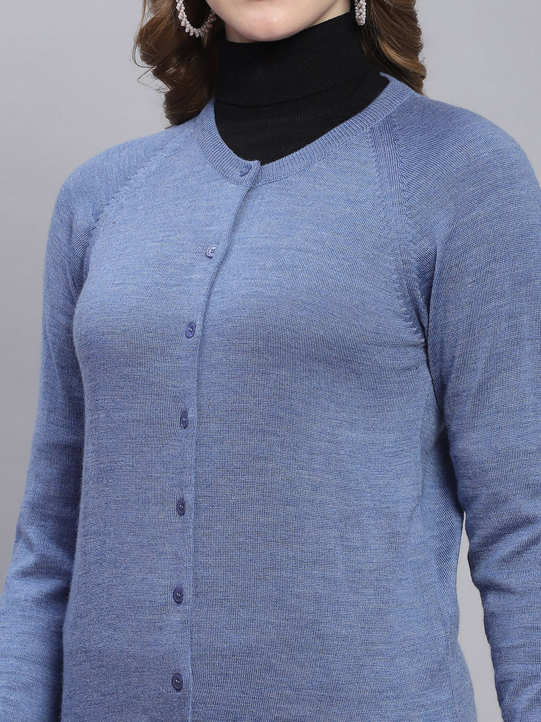 Women Blue Solid Round Neck Full Sleeve Cardigans - Image 6