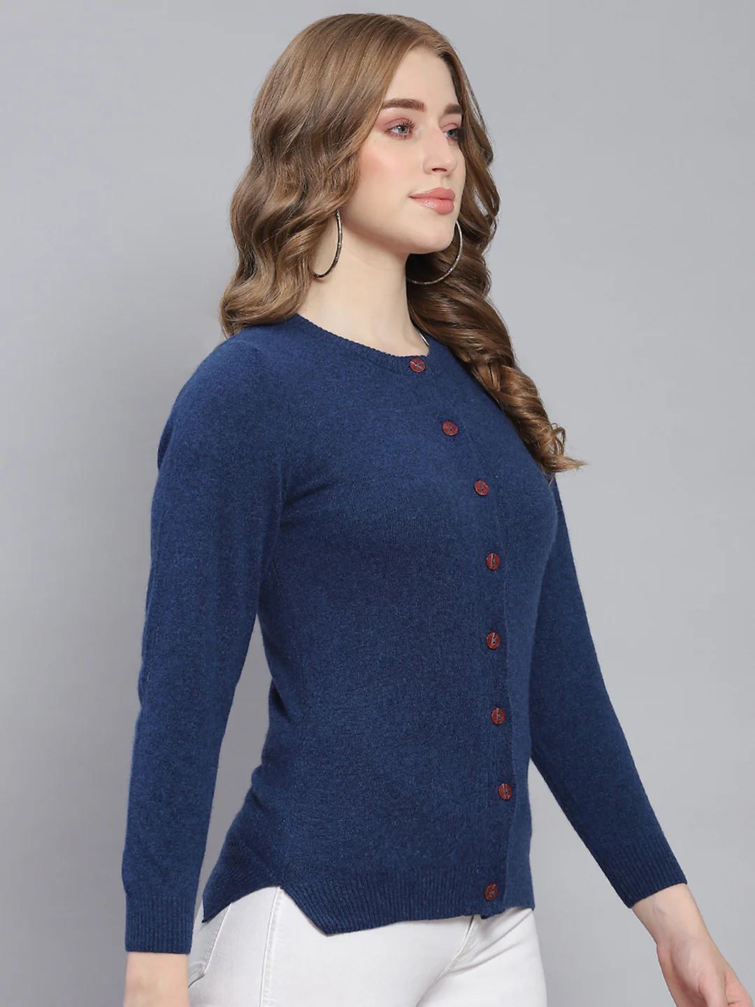 Women Blue Solid Round Neck Full Sleeve Cardigans - Image 4