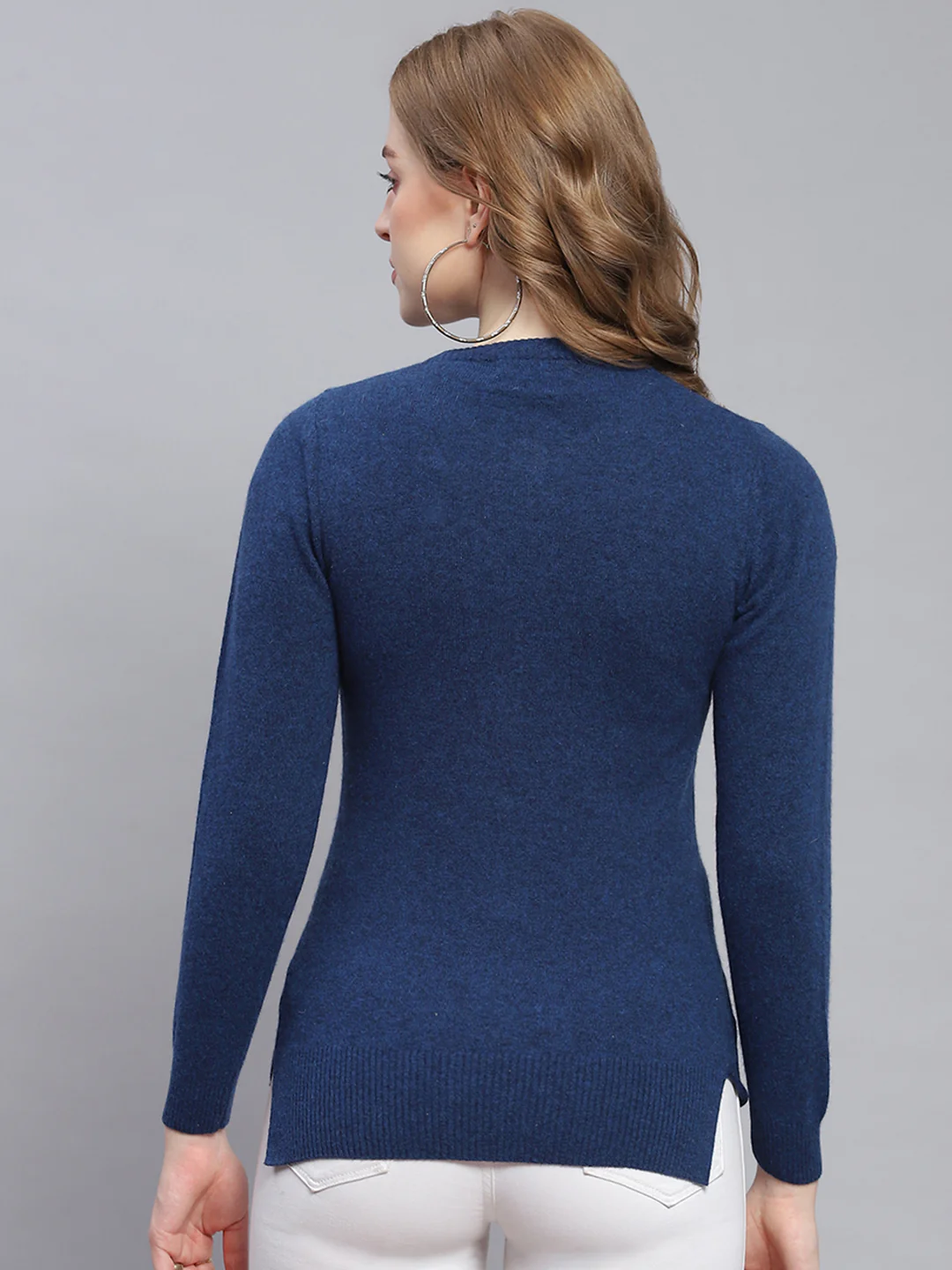 Women Blue Solid Round Neck Full Sleeve Cardigans - Image 5
