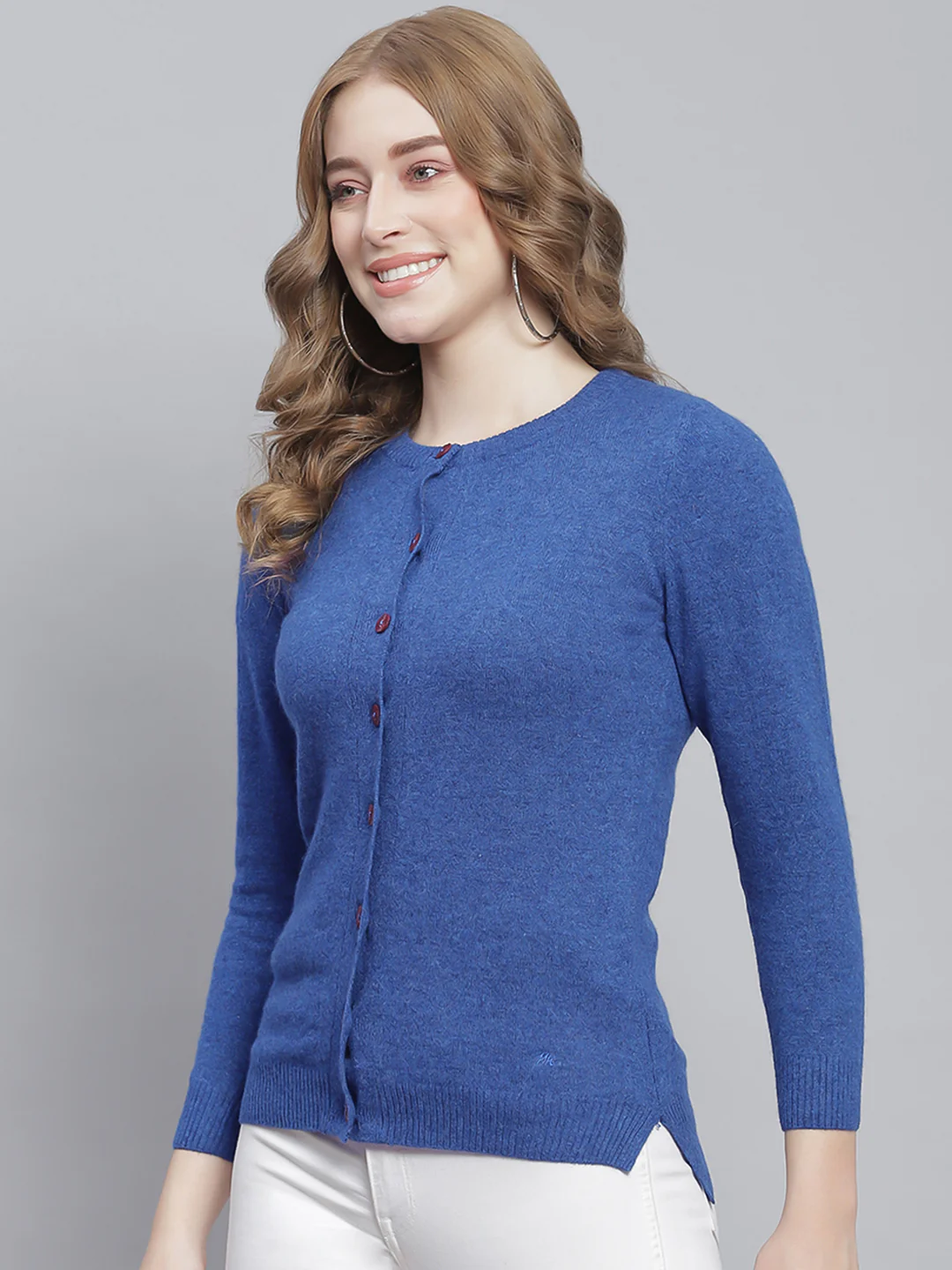 Women Blue Solid Round Neck Full Sleeve Cardigans - Image 3