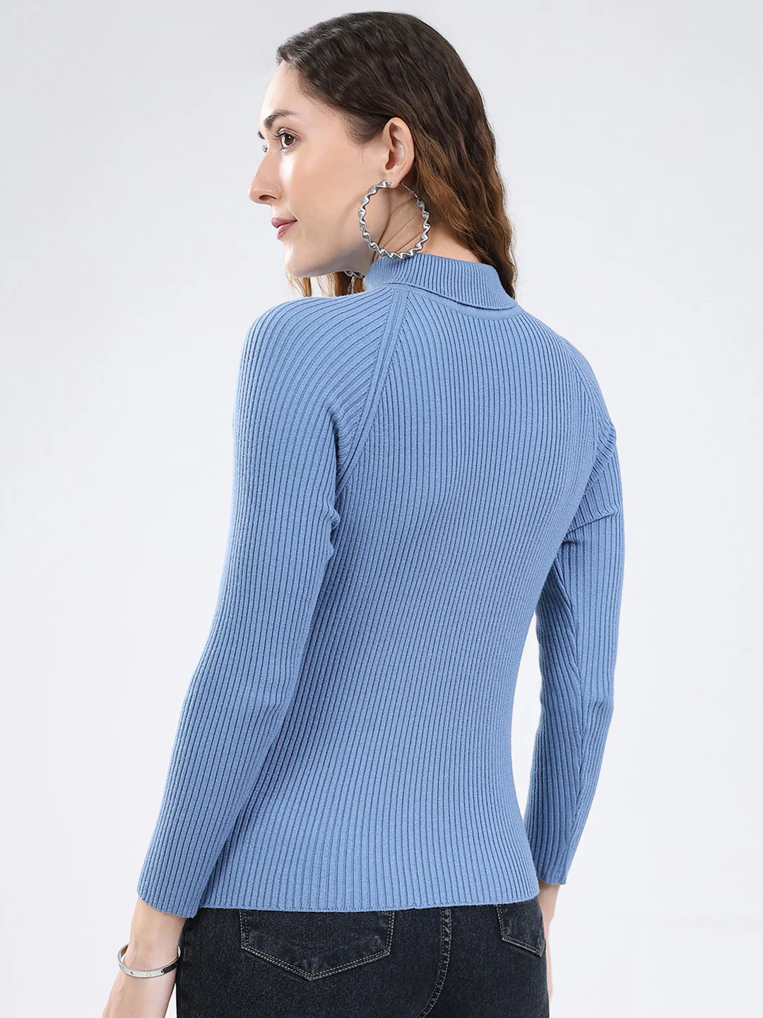 Women Blue Solid Round Neck Full Sleeve Sceavy - Image 5