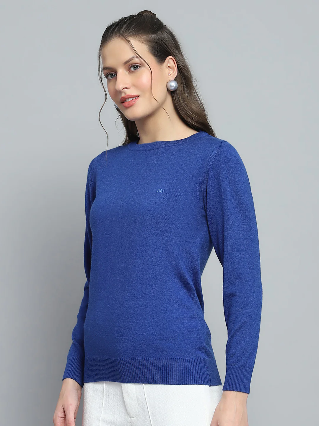 Women Blue Solid Round Neck Full Sleeve Winte Top - Image 3