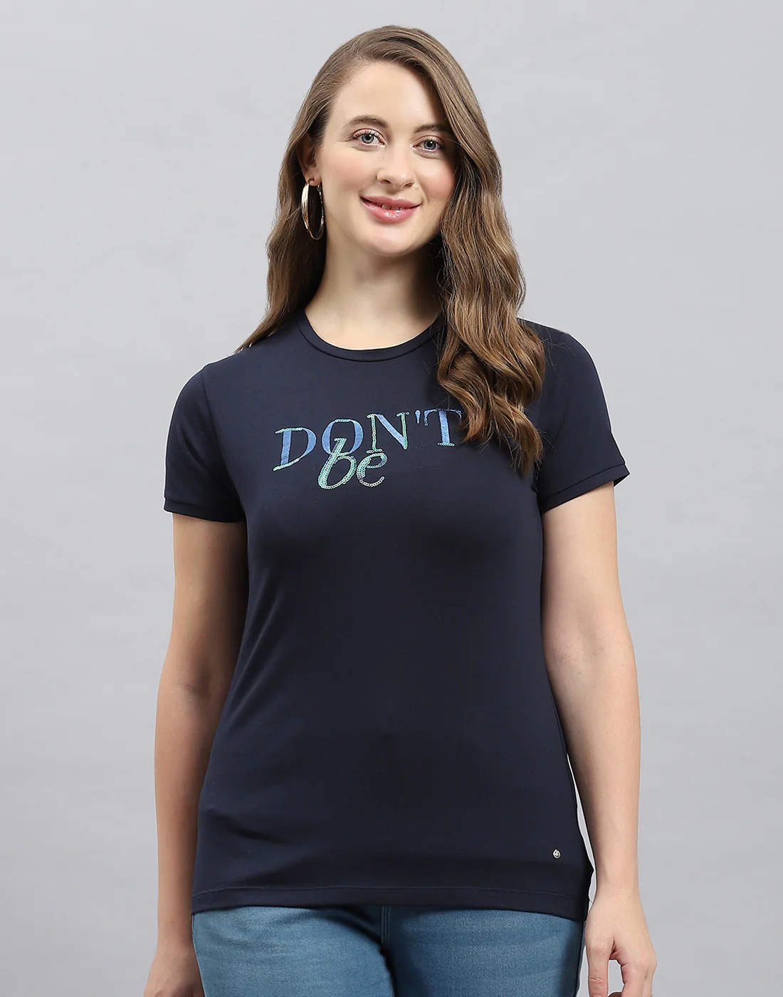 Women Blue Solid Round Neck Half Sleeve Top - Image 2
