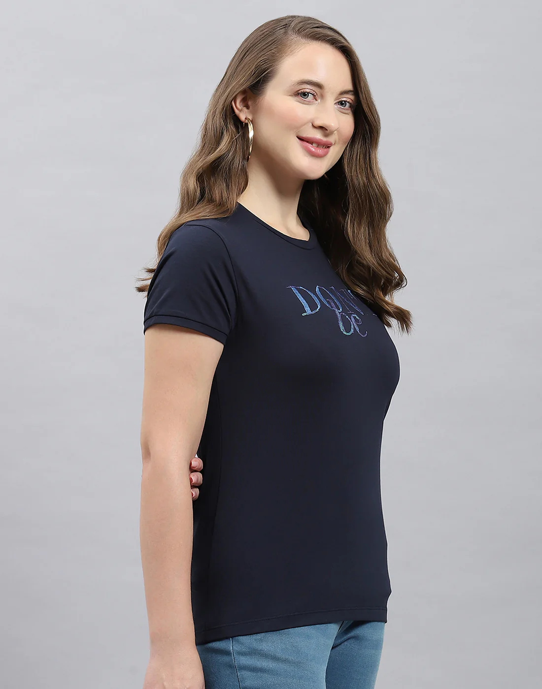 Women Blue Solid Round Neck Half Sleeve Top - Image 4