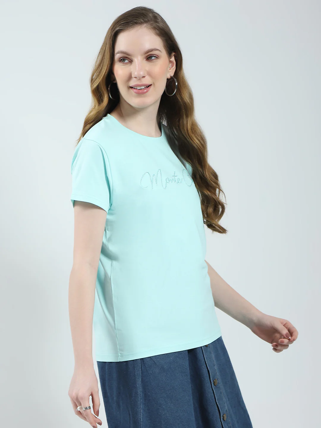 Women Blue Solid Round Neck Half Sleeve Top - Image 4