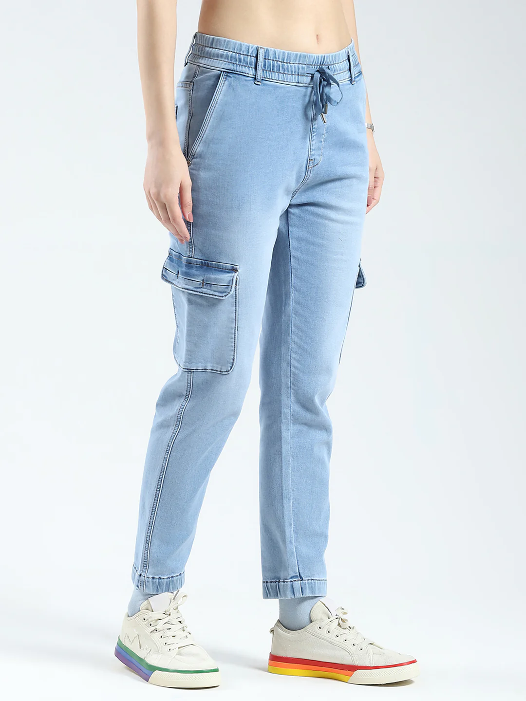 Women Blue Solid Slim Fit Cargo - Image 4