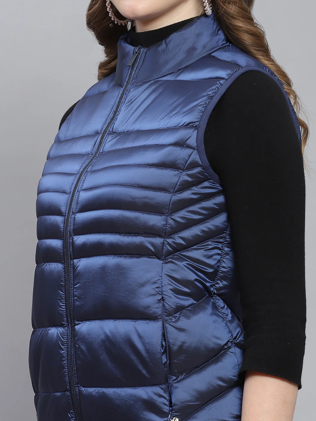Women Blue Solid Stand Collar Sleeveless Jackets - Image 6